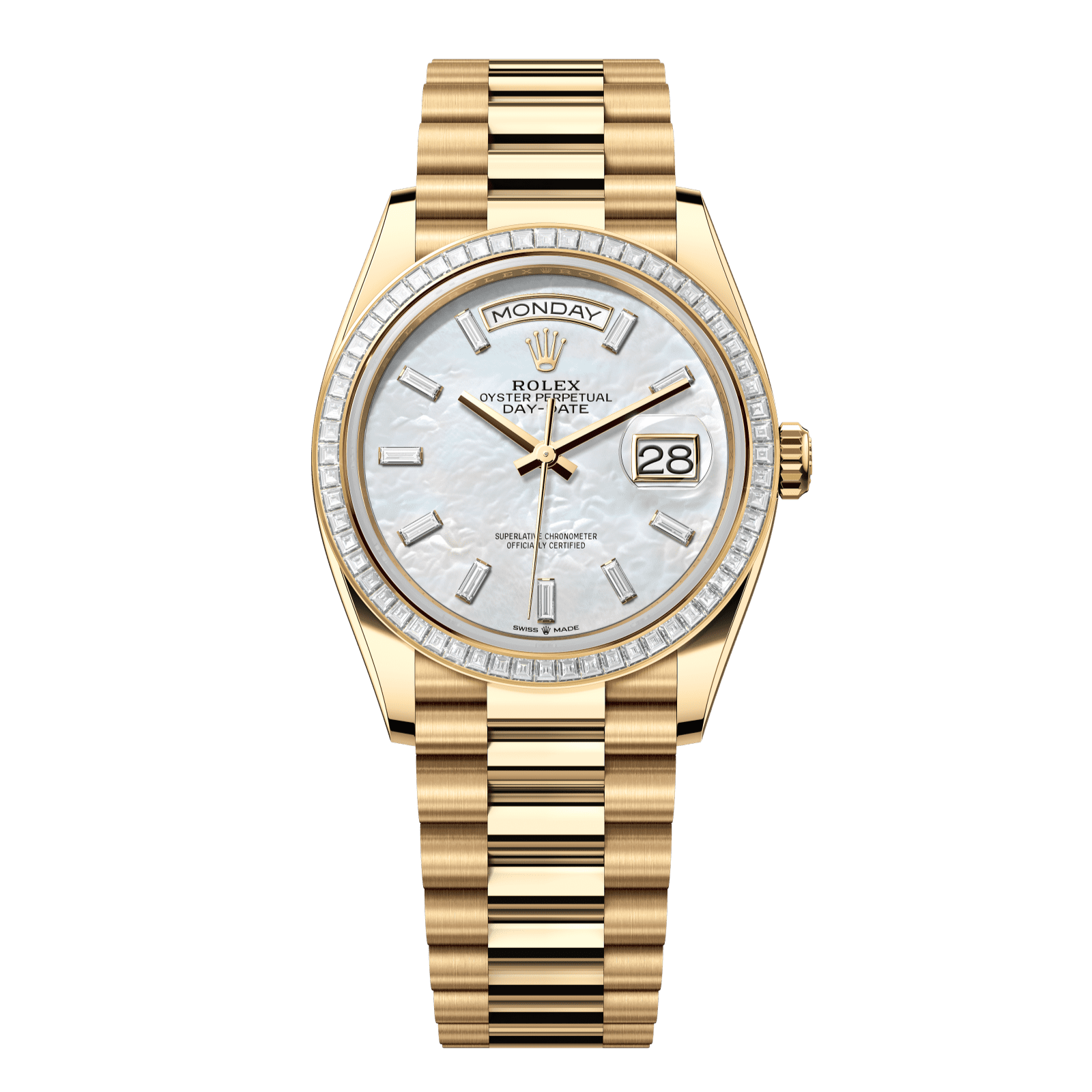 Rolex Day-Date 36 36 mm White Mother-Of-Pearl Set With Diamonds Dial 18k Yellow Gold President Bracelet 128398tbr-0030 - WATCHXNYC
