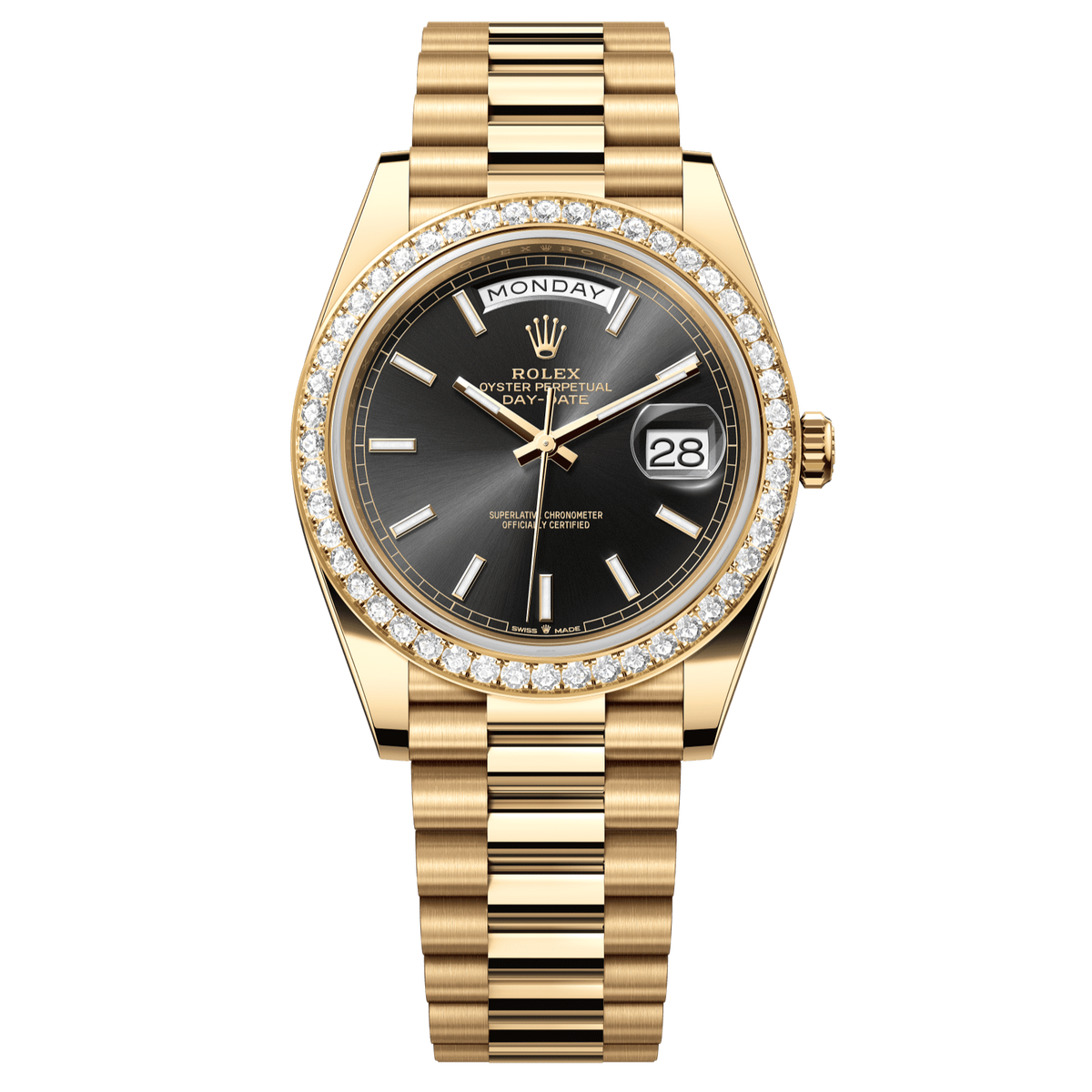 Rolex Day-Date 40 40 mm Bright Black Dial with Diamonds 18k Yellow Gold President Bracelet 228348rbr-0043 - WATCHXNYC