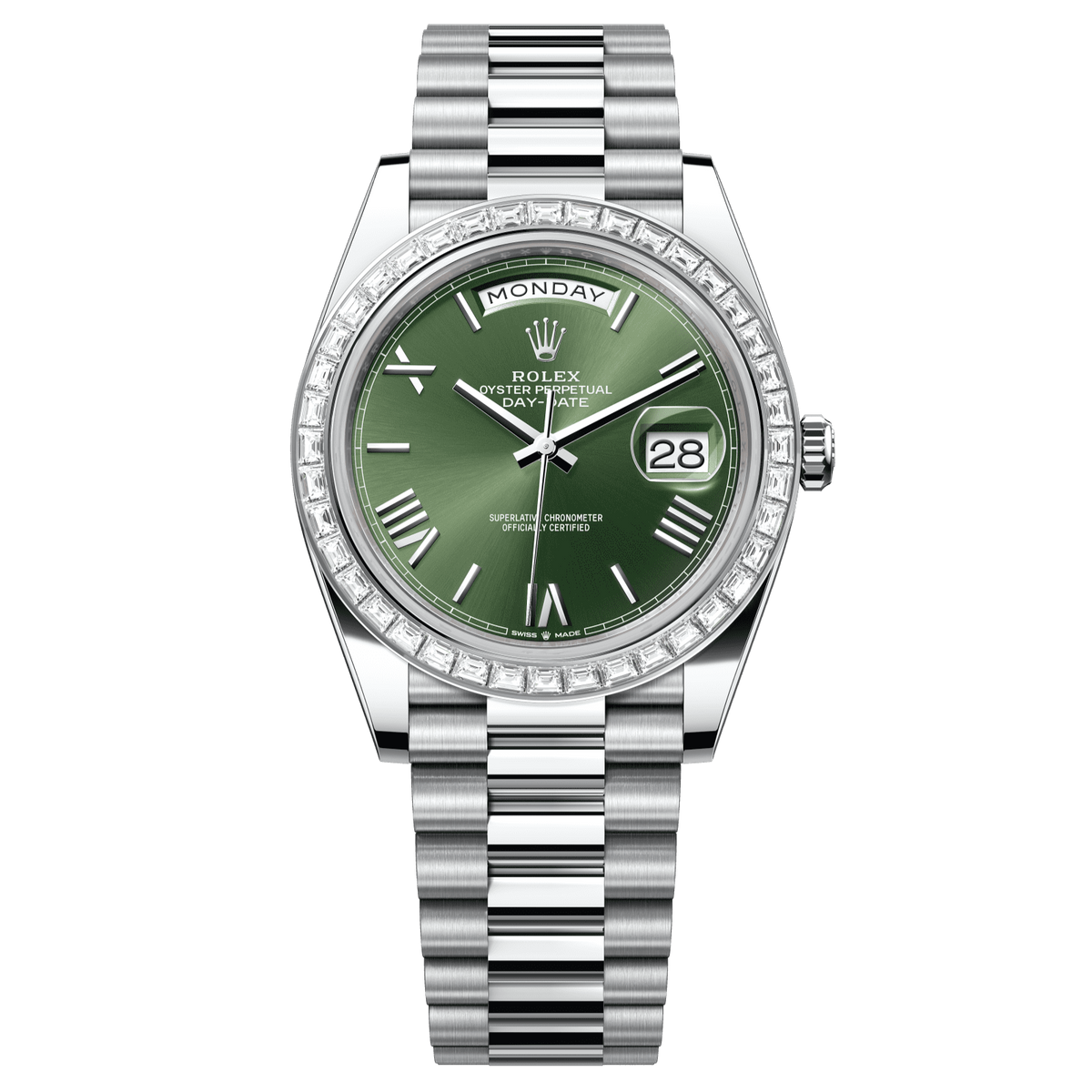 Rolex Day-Date 40 40 mm Olive Green Dial with Diamonds Platinum President Bracelet 228396tbr-0020 - WATCHXNYC