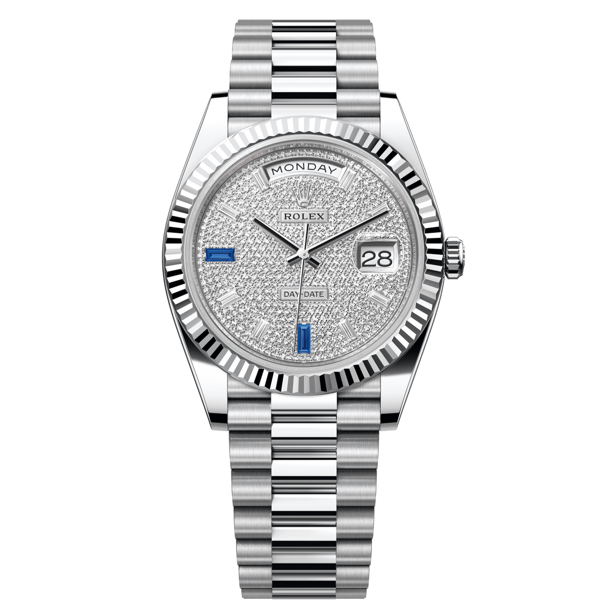 Rolex Day-Date 40 40 mm Paved With Diamonds And Sapphires Dial Platinum President Bracelet 228236-0009 - WATCHXNYC