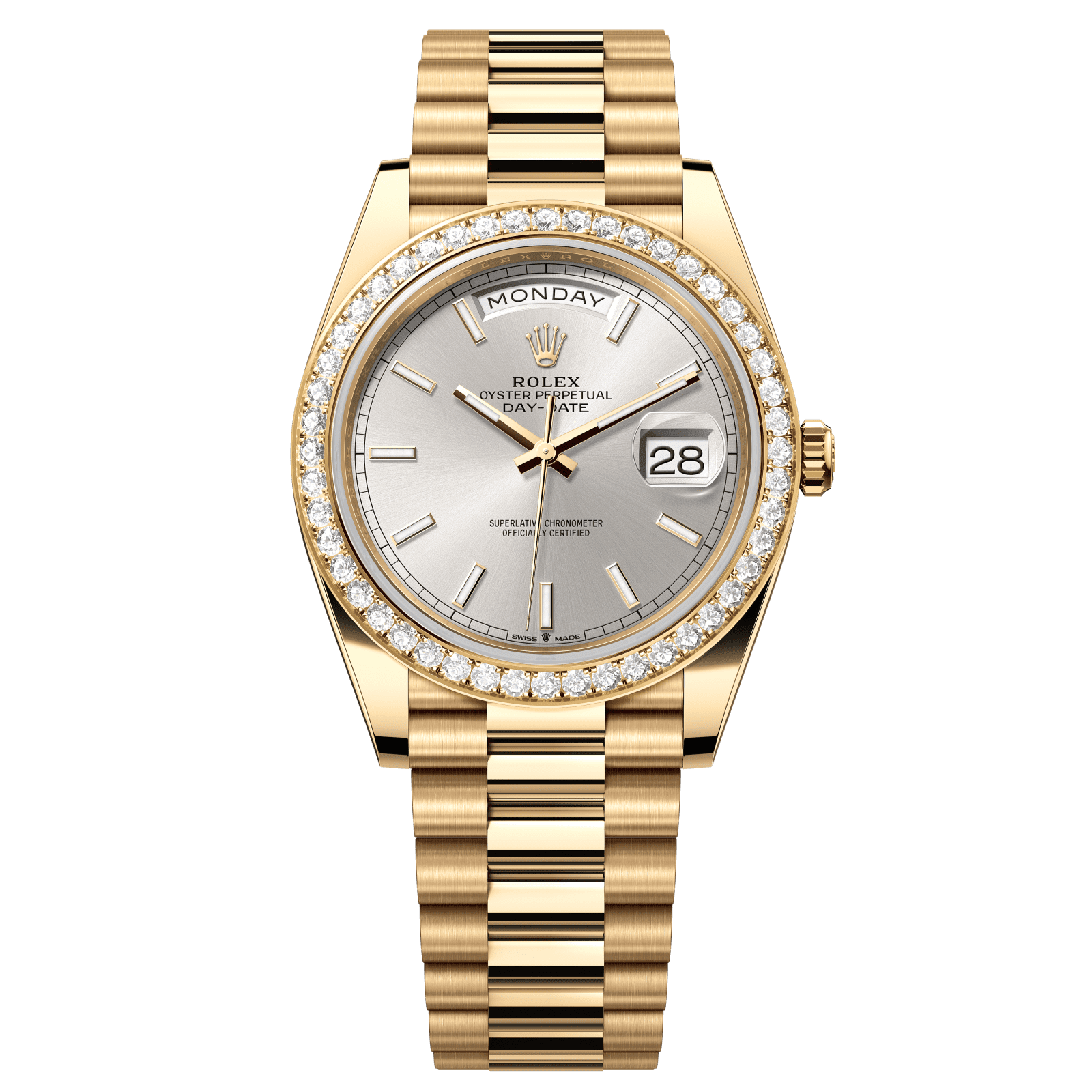 Rolex Day-Date 40 40 mm Silver Dial with Diamonds 18k Yellow Gold President Bracelet 228348rbr-0042 - WATCHXNYC