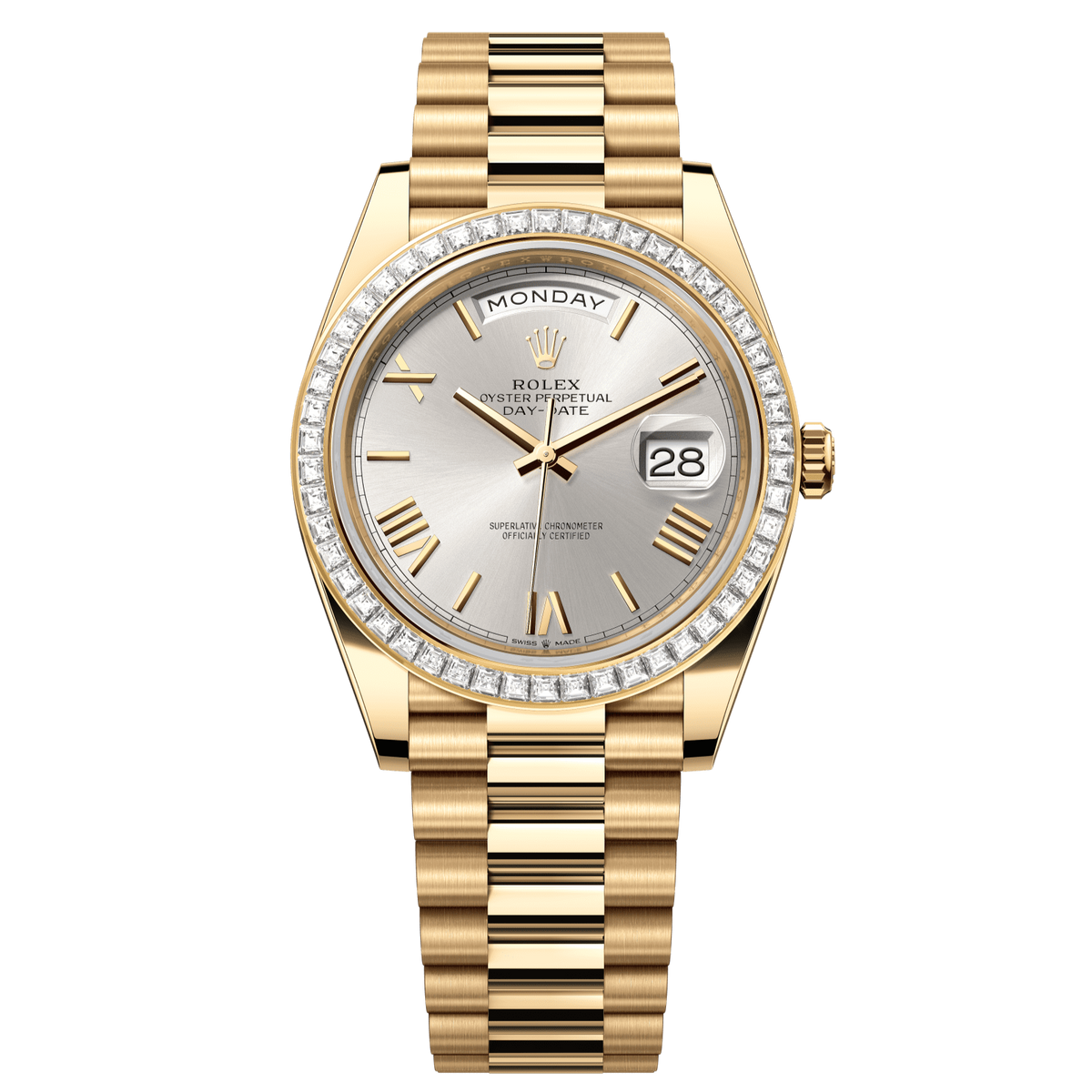 Rolex Day-Date 40 40 mm Silver Dial with Diamonds 18k Yellow Gold President Bracelet 228398tbr-0006 - WATCHXNYC