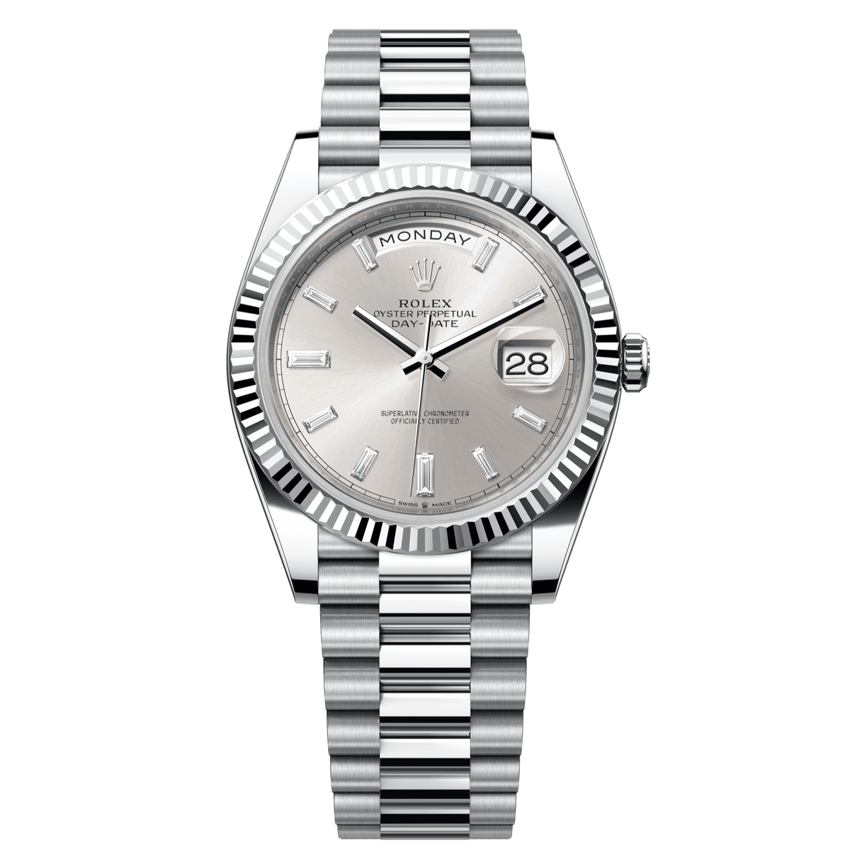 Rolex Day-Date 40 40 mm Silver Set With Diamonds Dial Platinum President Bracelet 228236-0002 - WATCHXNYC