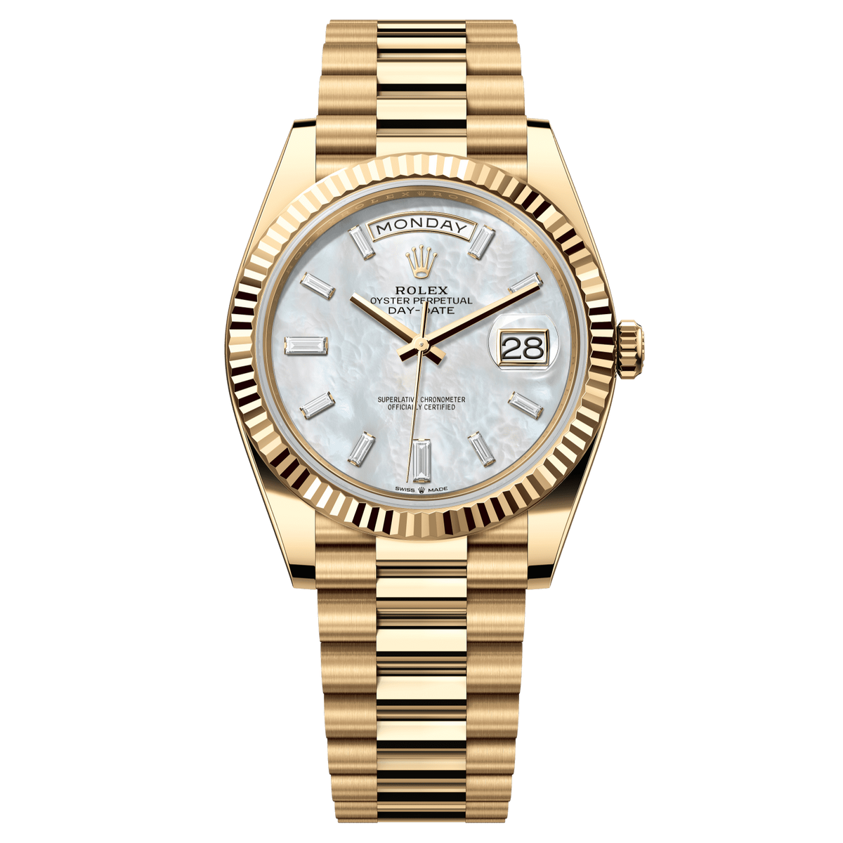 Rolex Day-Date 40 40 mm White Mother-Of-Pearl Set With Diamonds Dial 18k Yellow Gold President Bracelet 228238-0071 - WATCHXNYC
