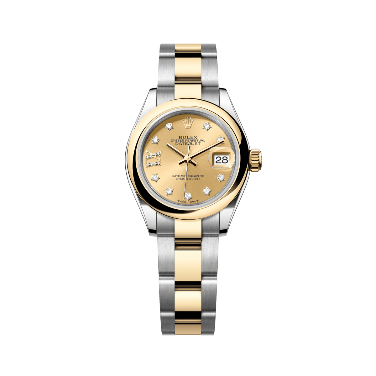 Rolex Lady-Datejust 28 mm Champagne-Colour Set With Diamonds Dial 18 kt Yellow Gold Oyster Bracelet 279163-0010 - WATCHXNYC