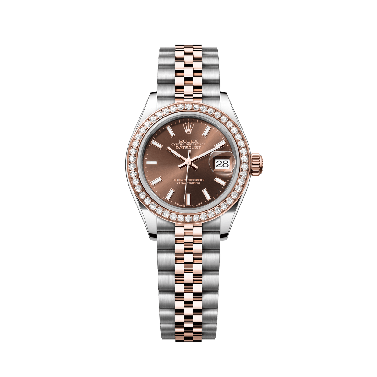 Rolex Lady-Datejust 28 mm Chocolate  Dial with Diamonds  Oystersteel and Everose Gold Jubilee Bracelet 279381rbr-0017 - WATCHXNYC