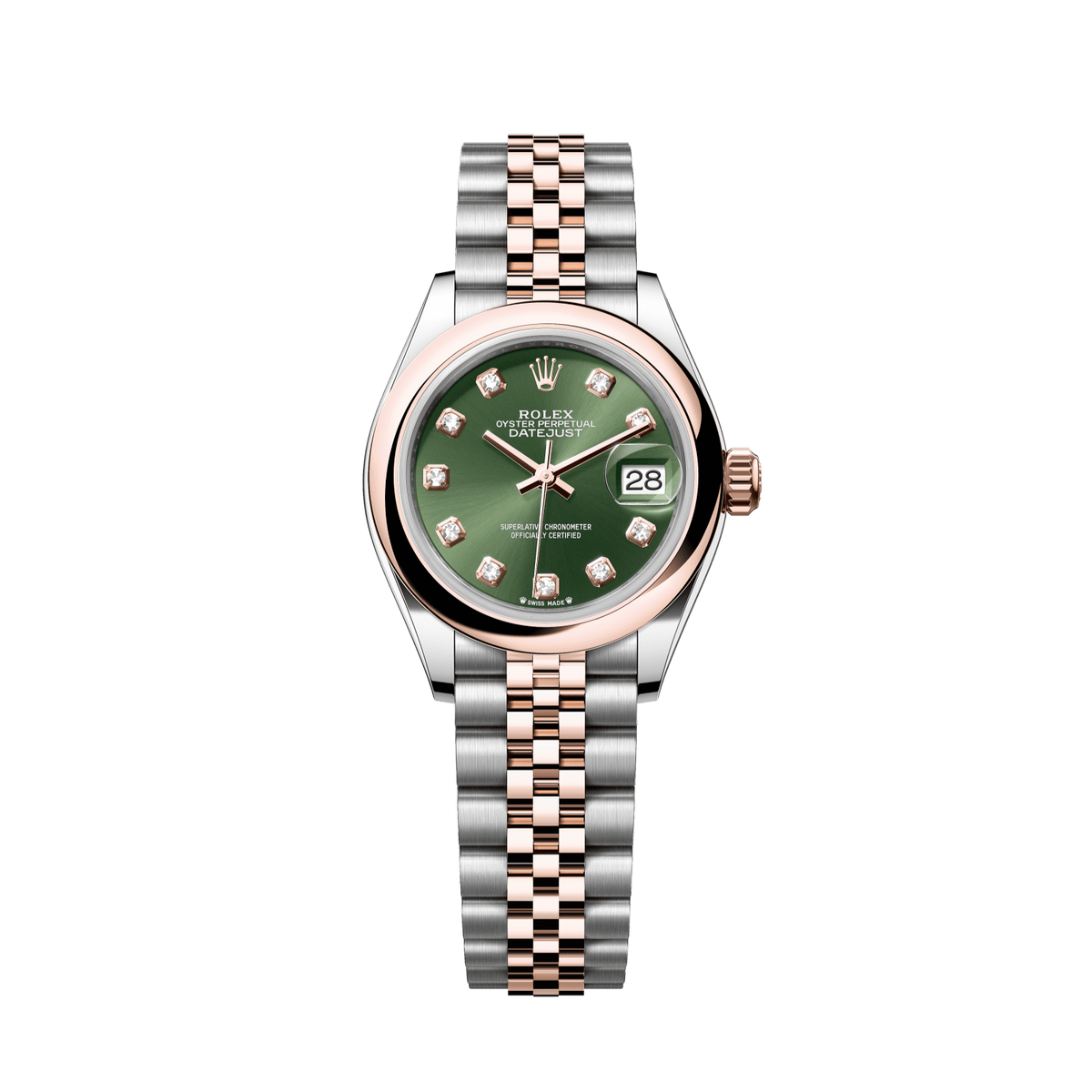 Rolex Lady-Datejust 28 mm Olive Green Set With Diamonds Dial Oystersteel and Everose Gold Jubilee Bracelet 279161-0007 - WATCHXNYC
