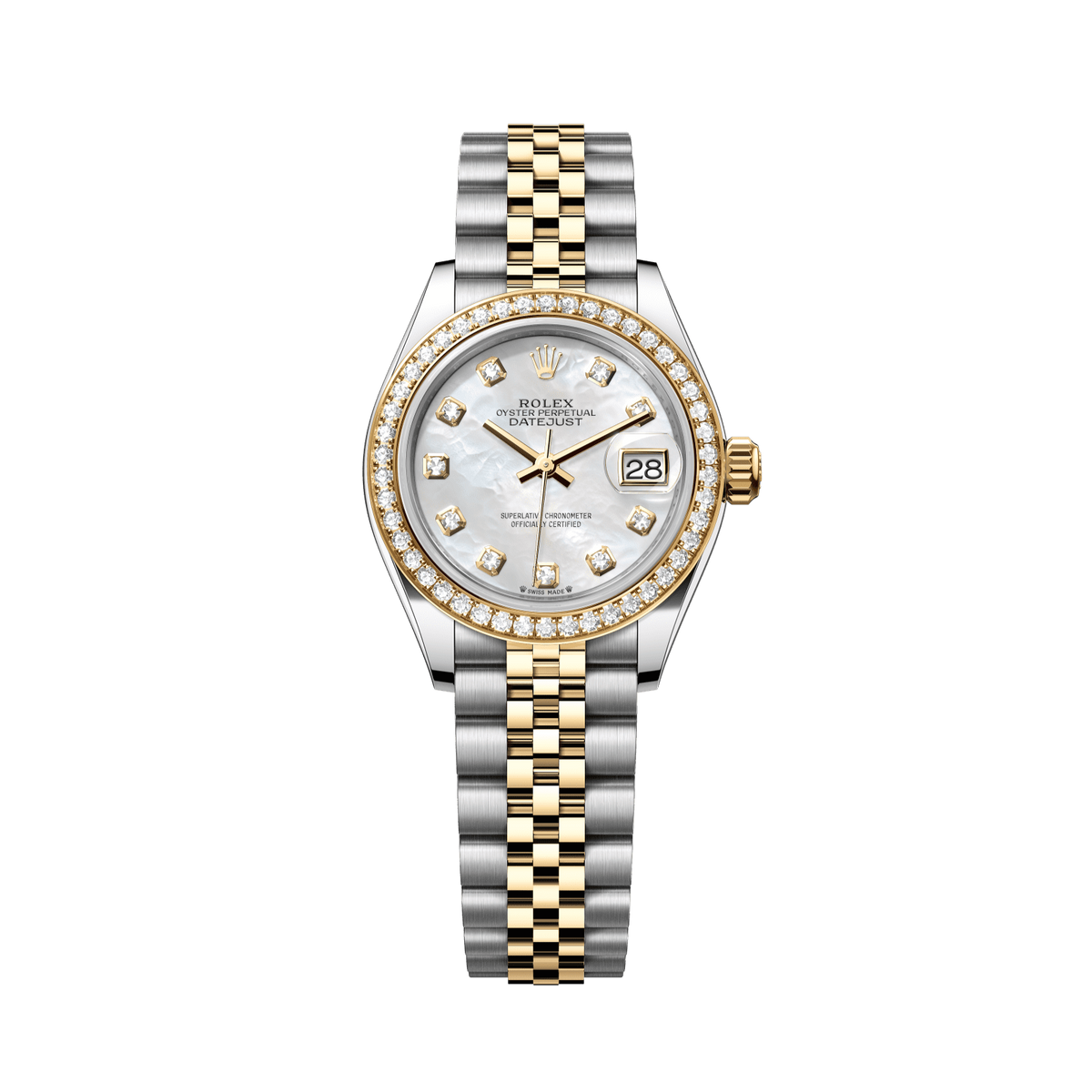 Rolex Lady-Datejust 28 mm White Mother-Of-Pearl Set With Diamonds Dial Oystersteel and 18k Yellow Gold Jubilee Bracelet 279383rbr-0019 - WATCHXNYC