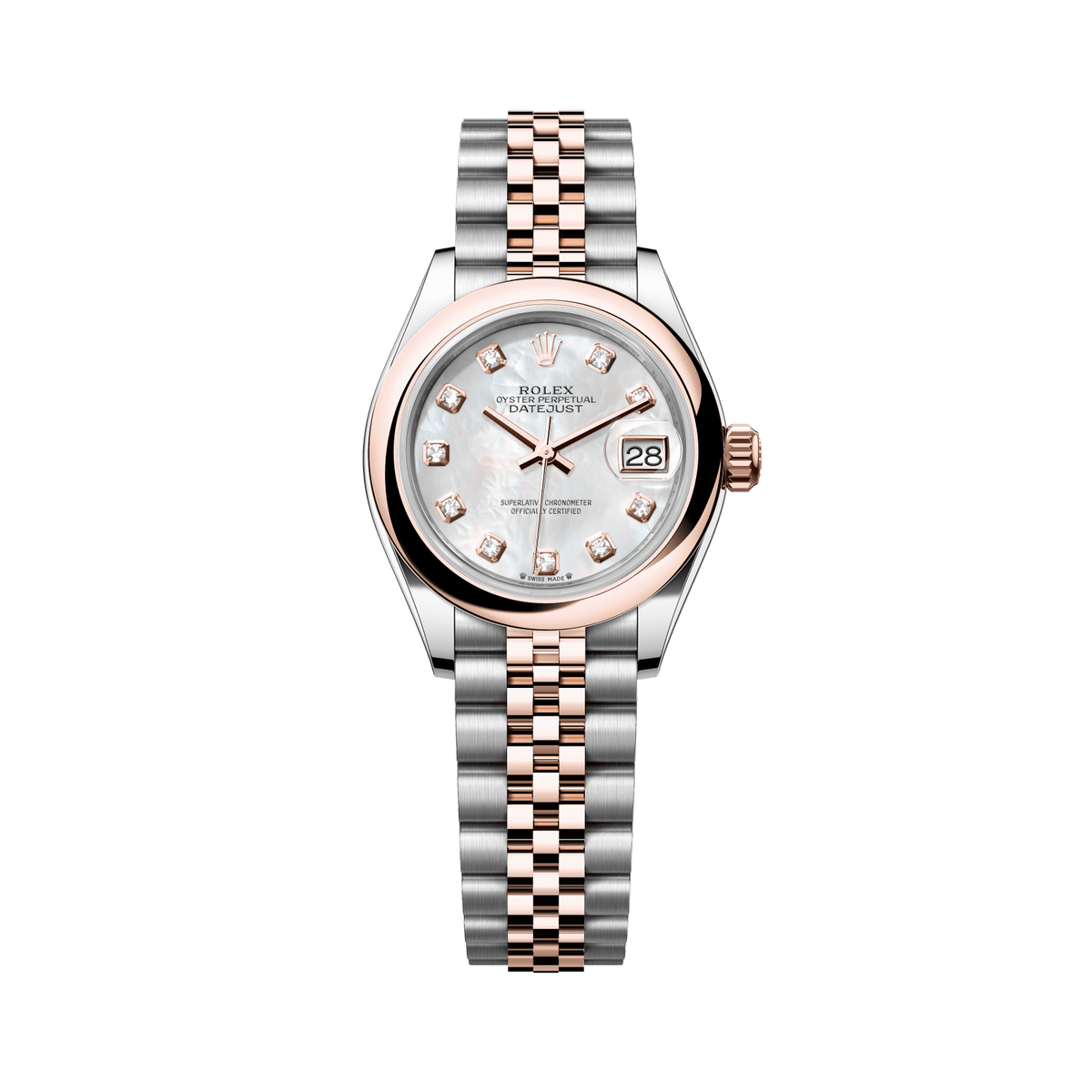 Rolex Lady-Datejust 28 mm White Mother-Of-Pearl Set With Diamonds Dial Oystersteel and Everose Gold Jubilee Bracelet 279161-0013 - WATCHXNYC