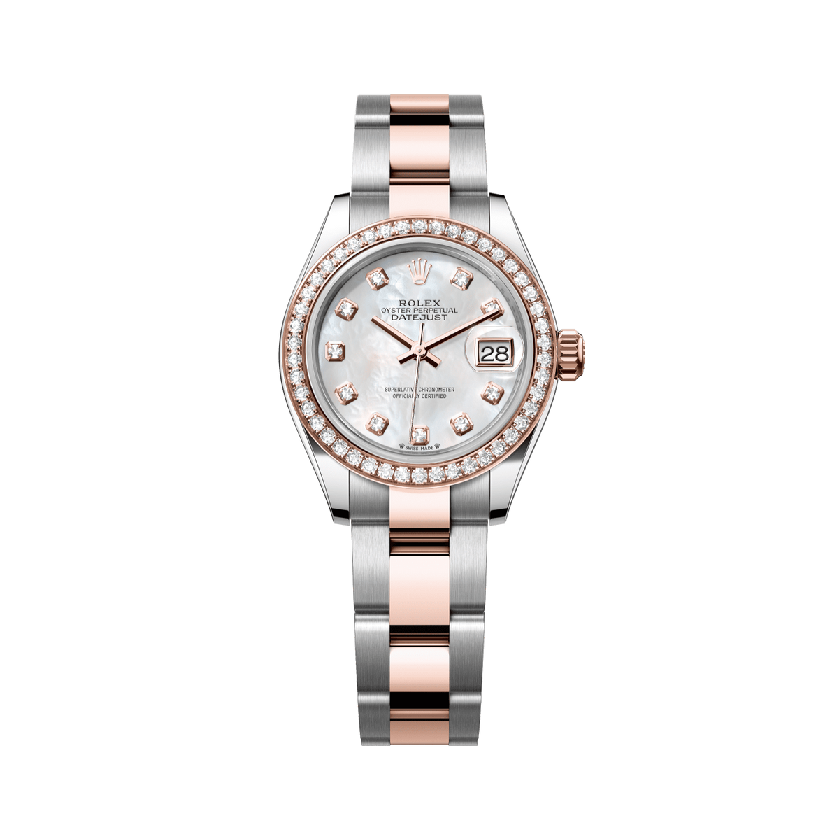 Rolex Lady-Datejust 28 mm White Mother-Of-Pearl Set With Diamonds Dial Oystersteel and Everose Gold Oyster Bracelet 279381rbr-0014 - WATCHXNYC