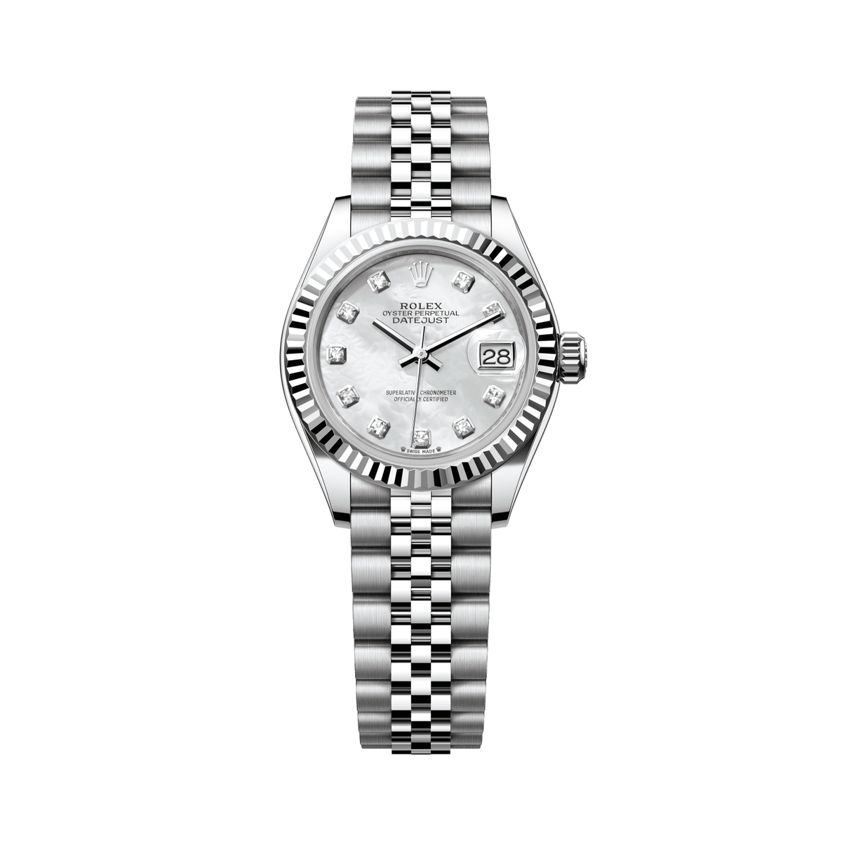 Rolex Lady-Datejust 28 mm White Mother-Of-Pearl Set With Diamonds Dial Oystersteel and White Gold Jubilee Bracelet 279174-0009 - WATCHXNYC