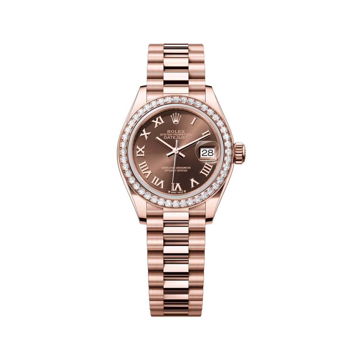 Rolex Oyster 28 mm Chocolate Dial 18 kt Everose Gold President, Semi-Circular Three-Piece Links 279135rbr-0016 - WATCHXNYC
