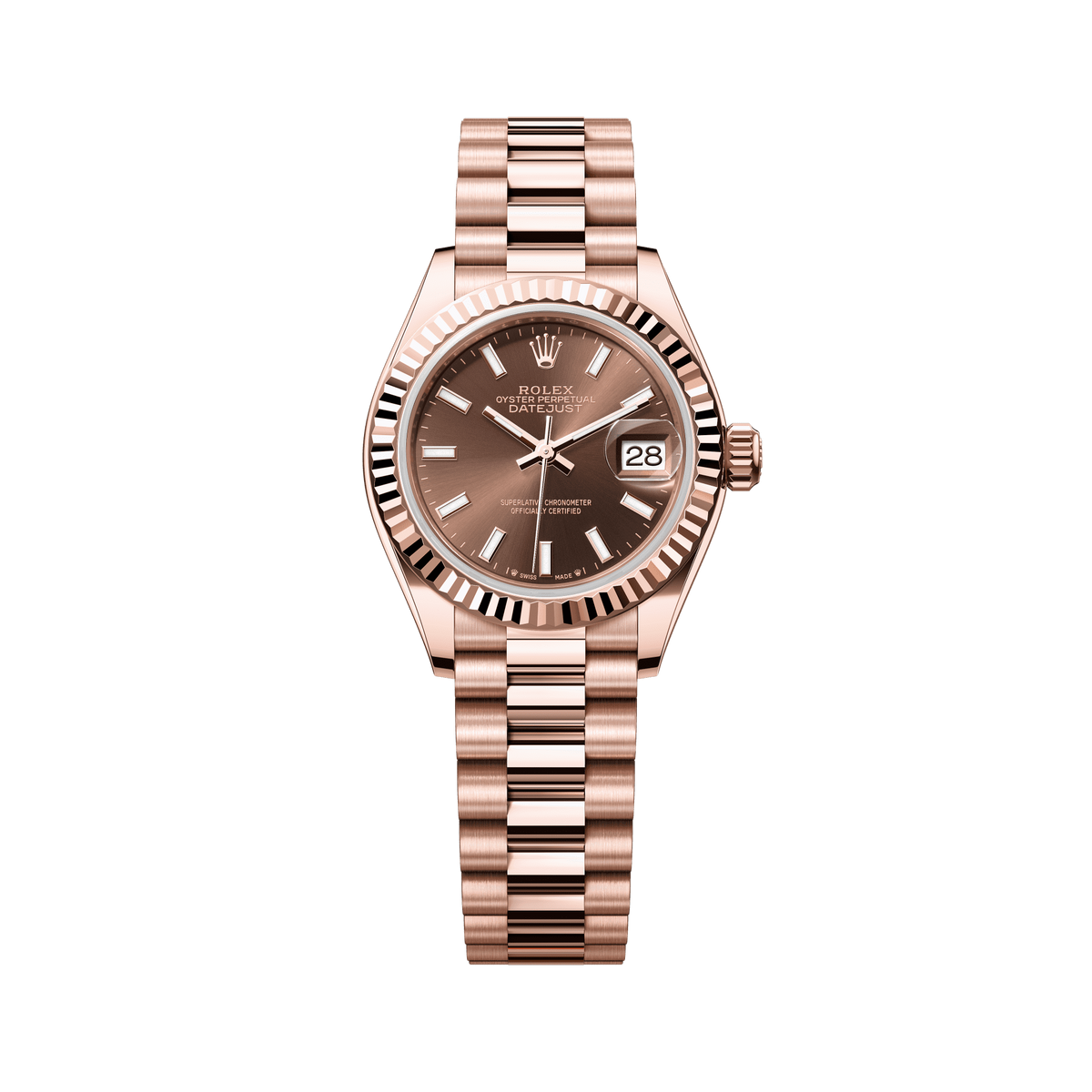 Rolex Oyster 28 mm Chocolate Dial 18 kt White Gold President, Semi-Circular Three-Piece Links 279175-0007 - WATCHXNYC
