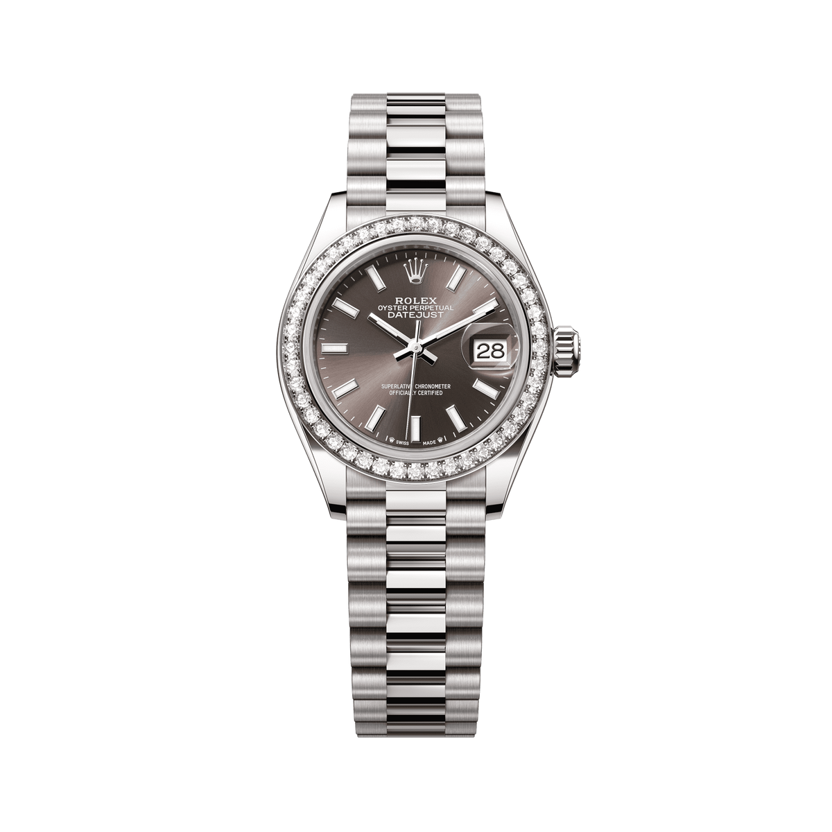 Rolex Oyster 28 mm Dark Grey Dial 18 kt White Gold President, Semi-Circular Three-Piece Links 279139rbr-0009 - WATCHXNYC