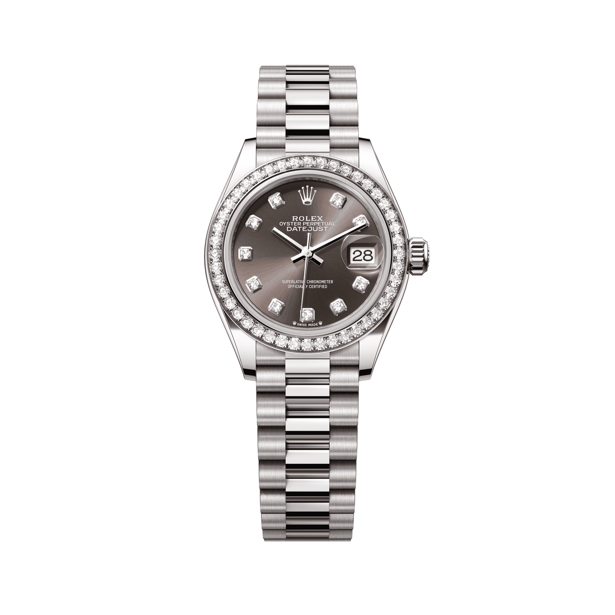 Rolex Oyster 28 mm Dark Grey Set With Diamonds Dial 18 kt White Gold President, Semi-Circular Three-Piece Links 279139rbr-0011 - WATCHXNYC