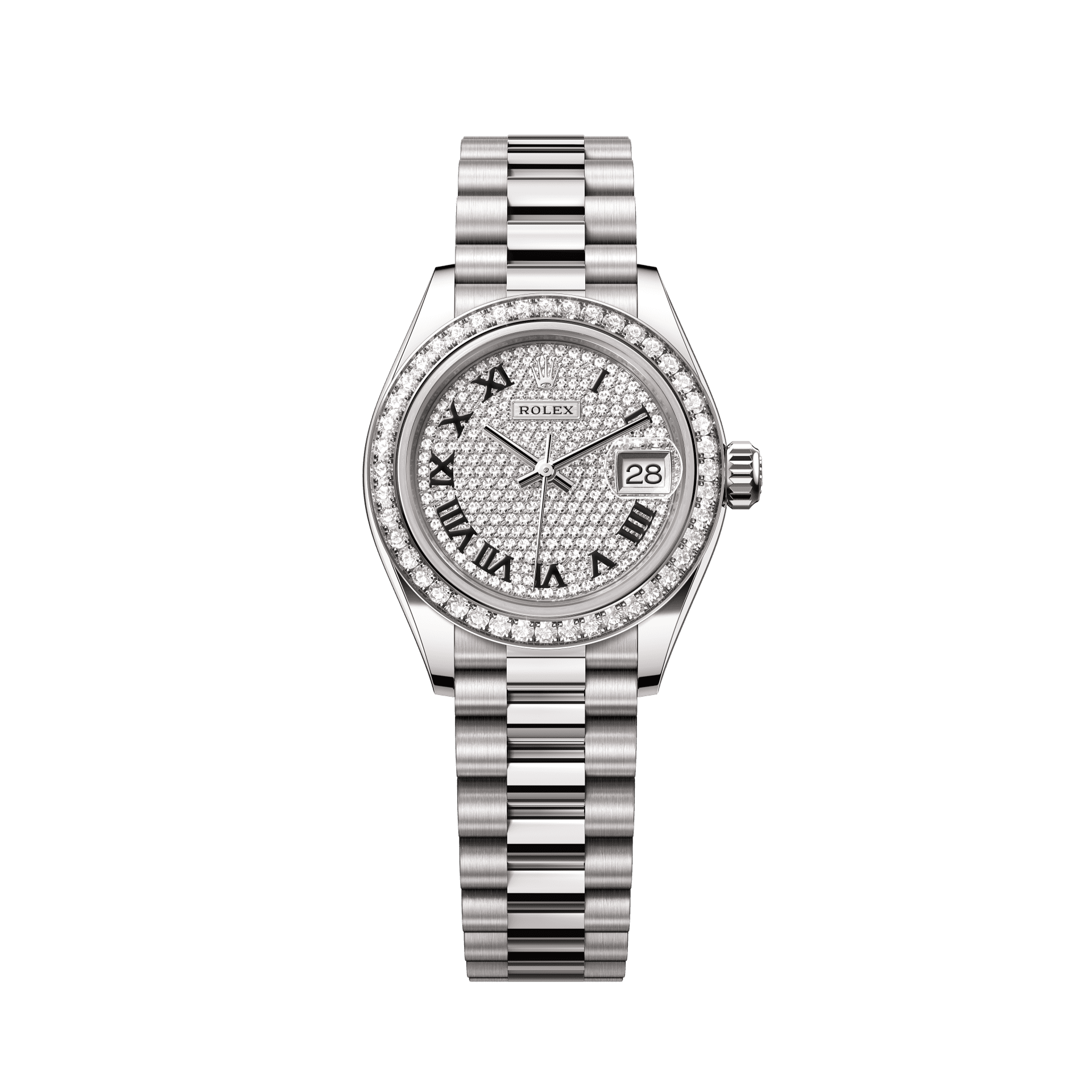 Rolex Oyster 28 mm Diamond-paved Dial 18 kt White Gold President, Semi-Circular Three-Piece Links /279139rbr-0014 - WATCHXNYC