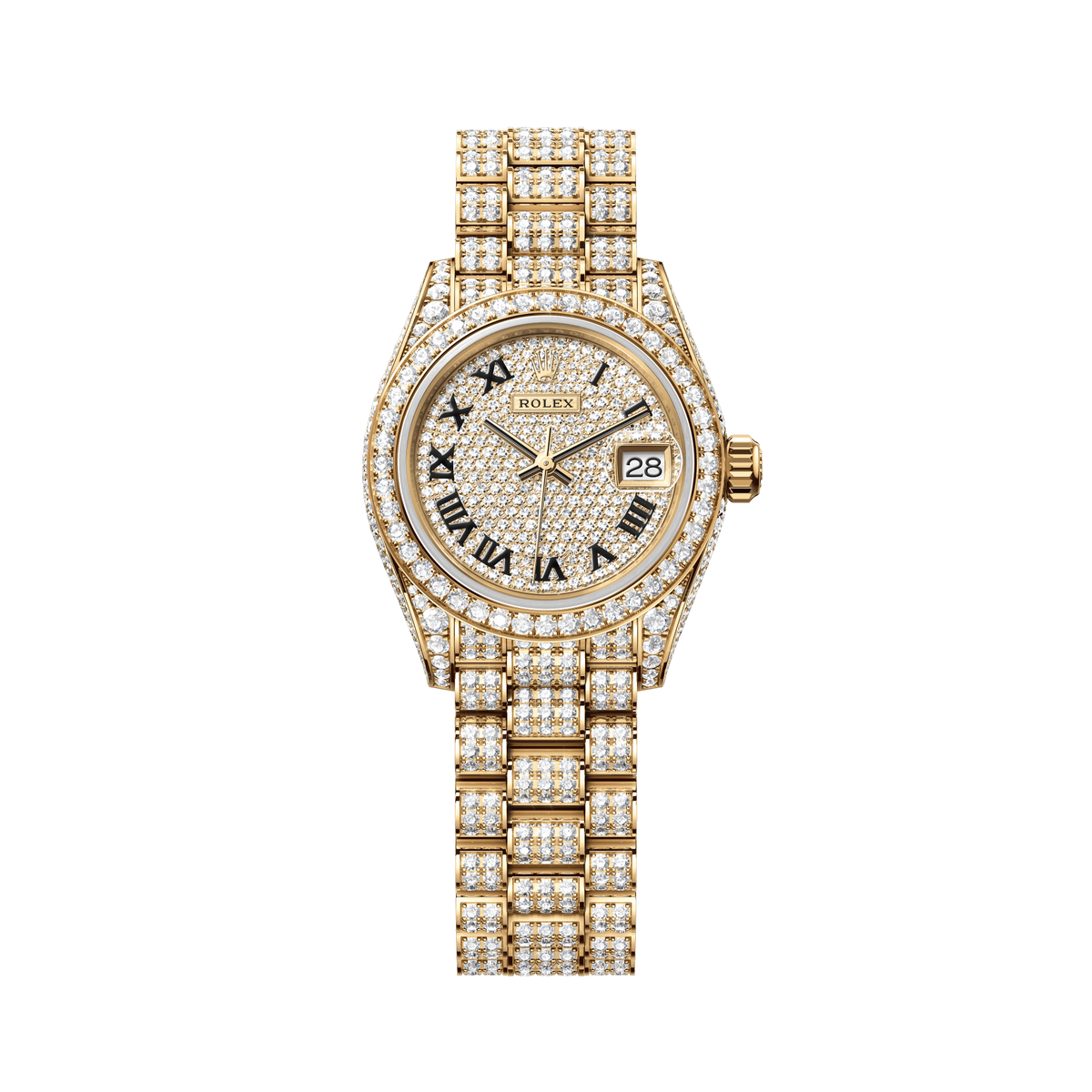 Rolex Oyster 28 mm Diamond-Paved Dial 18 kt yellow gold with case sides and lugs set with diamonds President, Three-Piece Solid Links, Set With 596 Brilliant-Cut Diamonds 279458rbr-0001 - Wrist Boutique