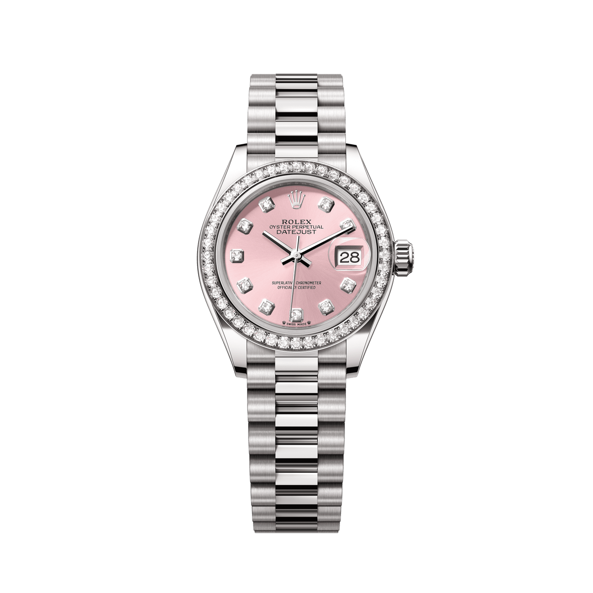 Rolex Oyster 28 mm Pink Set With Diamonds Dial 18 kt White Gold President, Semi-Circular Three-Piece Links 279139rbr-0005 - WATCHXNYC