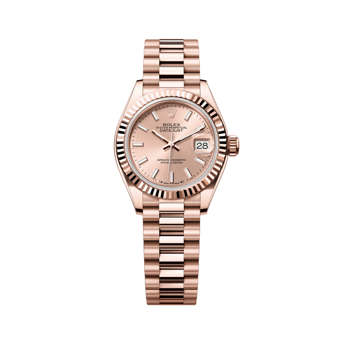 Rolex Oyster 28 mm Rose-Colour Dial 18 kt Everose Gold President, Semi-Circular Three-Piece Links 279175-0025 - WATCHXNYC