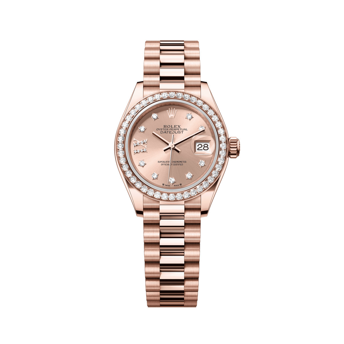 Rolex Oyster 28 mm Rose-colour Set With Diamonds Dial 18 kt Everose Gold President, Semi-Circular Three-Piece Links 279135rbr-0029 - WATCHXNYC