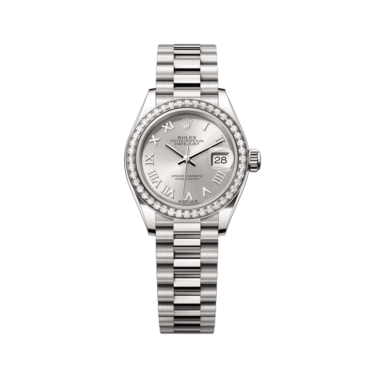 Rolex Oyster 28 mm Silver Dial 18 kt White Gold President, Semi-Circular Three-Piece Links 279139rbr-0007 - WATCHXNYC
