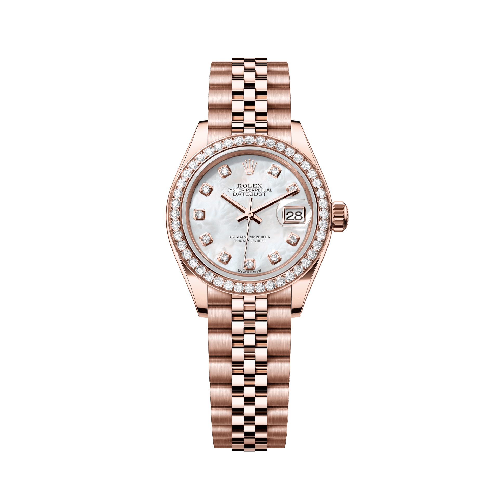 Rolex Oyster 28 mm White Mother-Of-Pearl Set With Diamonds Dial 18 kt Everose Gold Jubilee 279135rbr-0019 - WATCHXNYC