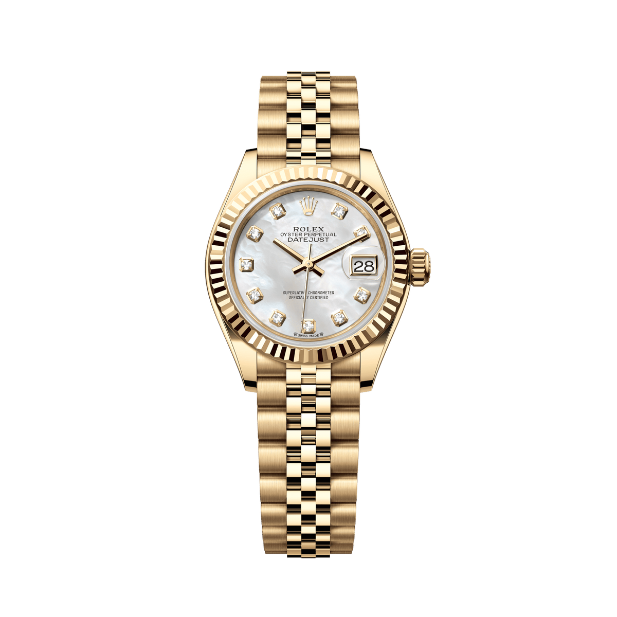 Rolex Oyster 28 mm White Mother-Of-Pearl Set With Diamonds Dial 18k Yellow Gold Jubilee Bracelet. 279178-0026 - WATCHXNYC