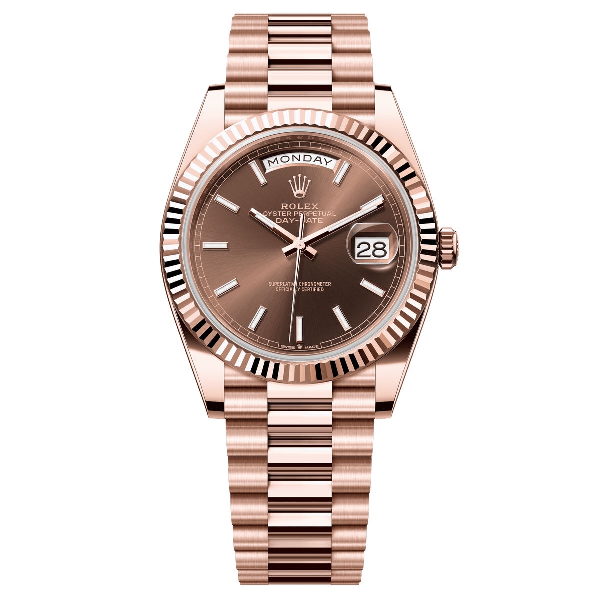 Rolex Oyster 40 mm Chocolate Dial 18 kt Everose Gold President, Semi-Circular Three-Piece Links 228235-0053 - WATCHXNYC