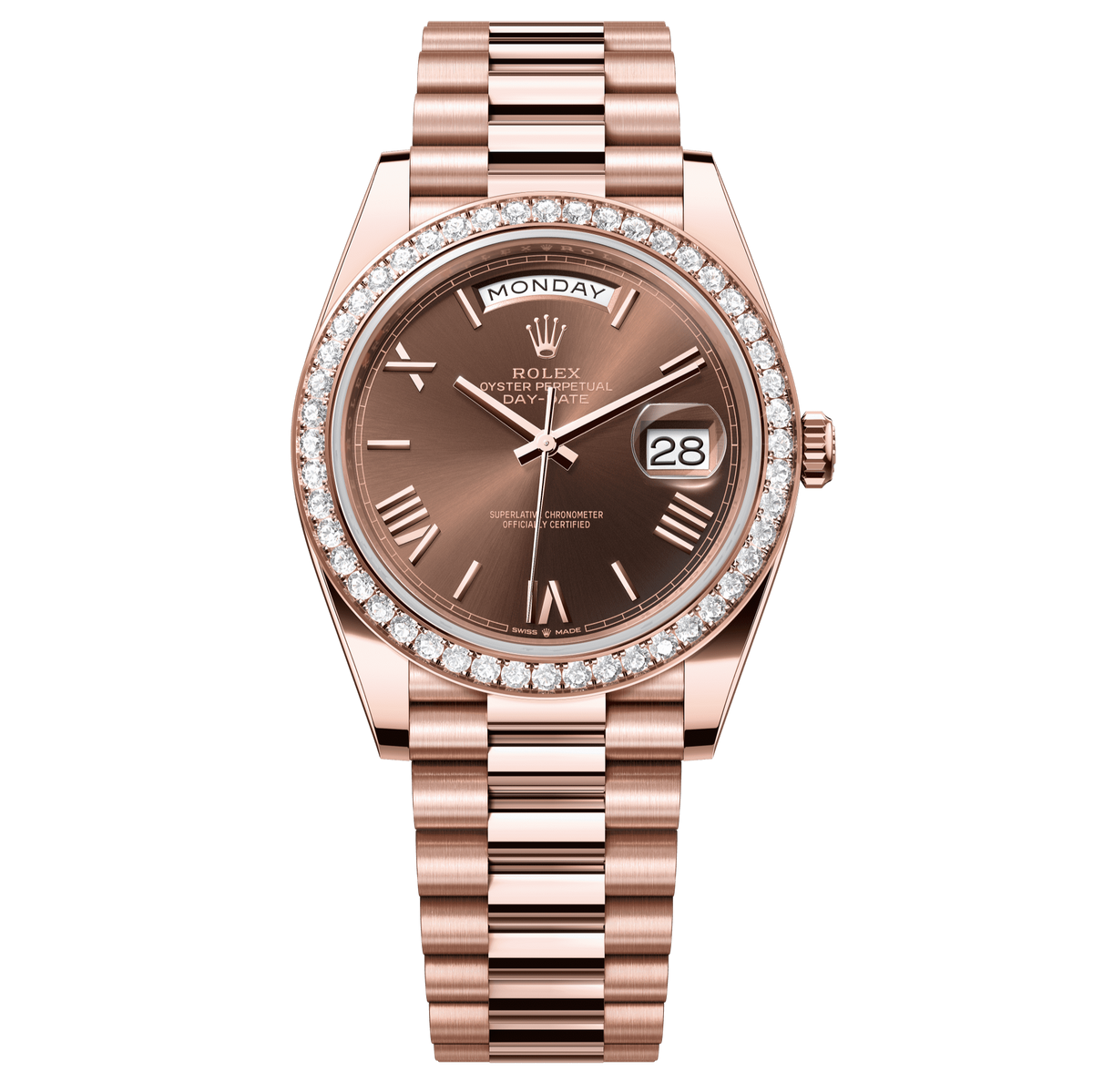 Rolex Oyster 40 mm Chocolate Dial 18 kt Everose Gold President, Semi-Circular Three-Piece Links 228345rbr-0009 - WATCHXNYC