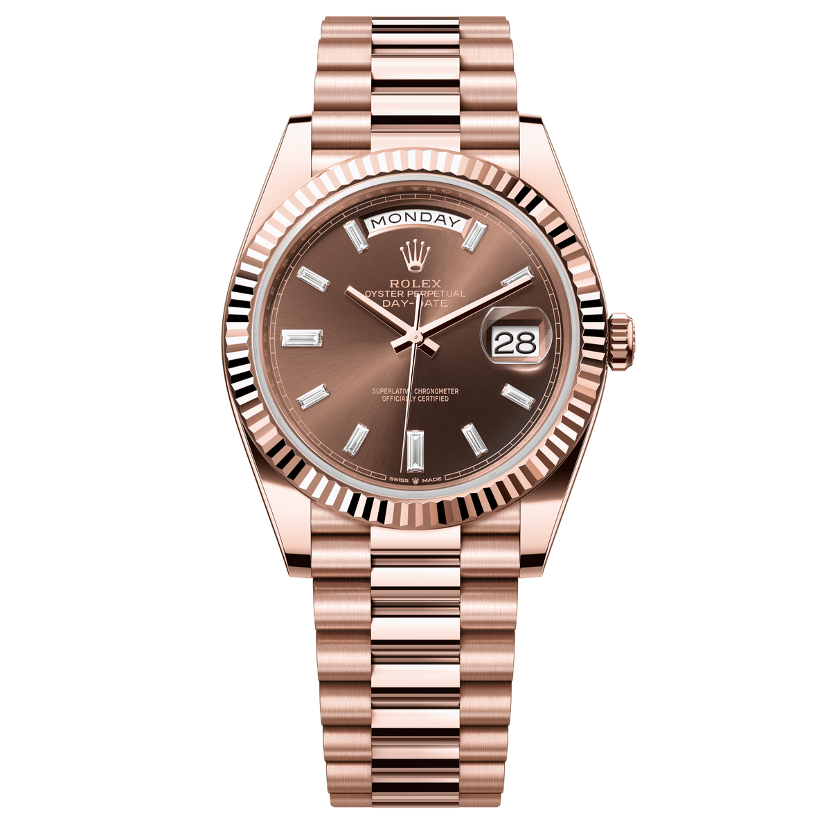 Rolex Oyster 40 mm Chocolate Set With Diamonds Dial 18 kt Everose Gold President, Semi-Circular Three-Piece Links 228235-0003 - WATCHXNYC