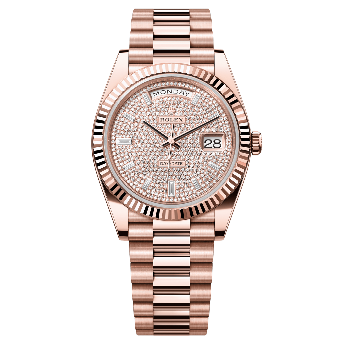 Rolex Oyster 40 mm Diamond-Paved Dial 18 kt Everose Gold President, Semi-Circular Three-Piece Links 228235-0036 - WATCHXNYC