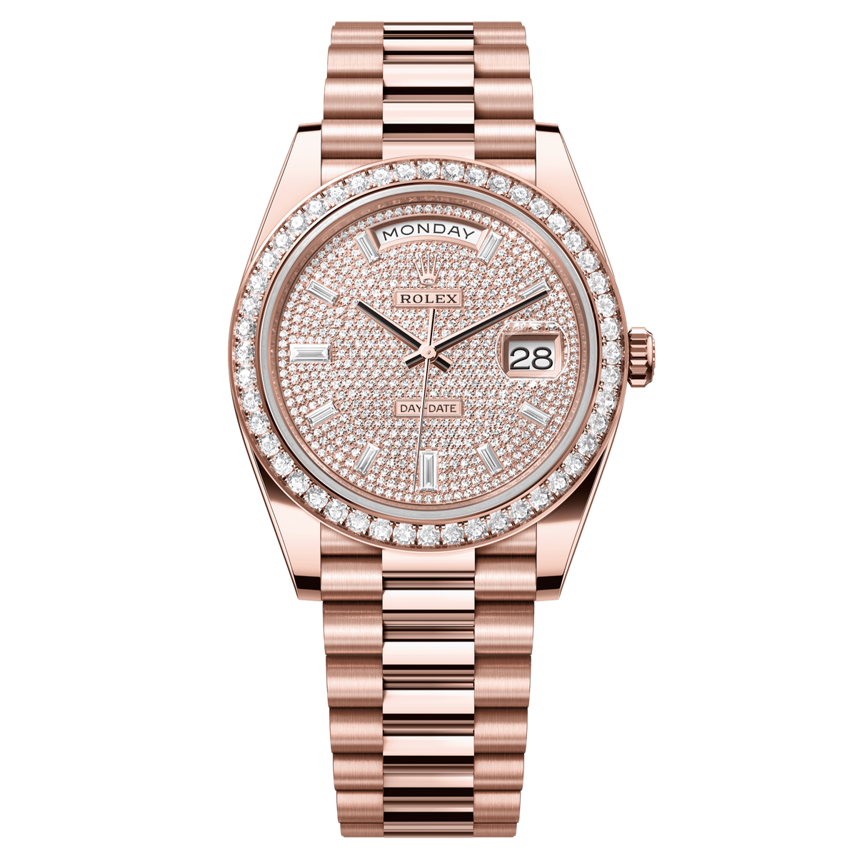 Rolex Oyster 40 mm Diamond-Paved Dial 18 kt Everose Gold President, Semi-Circular Three-Piece Links 228345rbr-0002 - WATCHXNYC