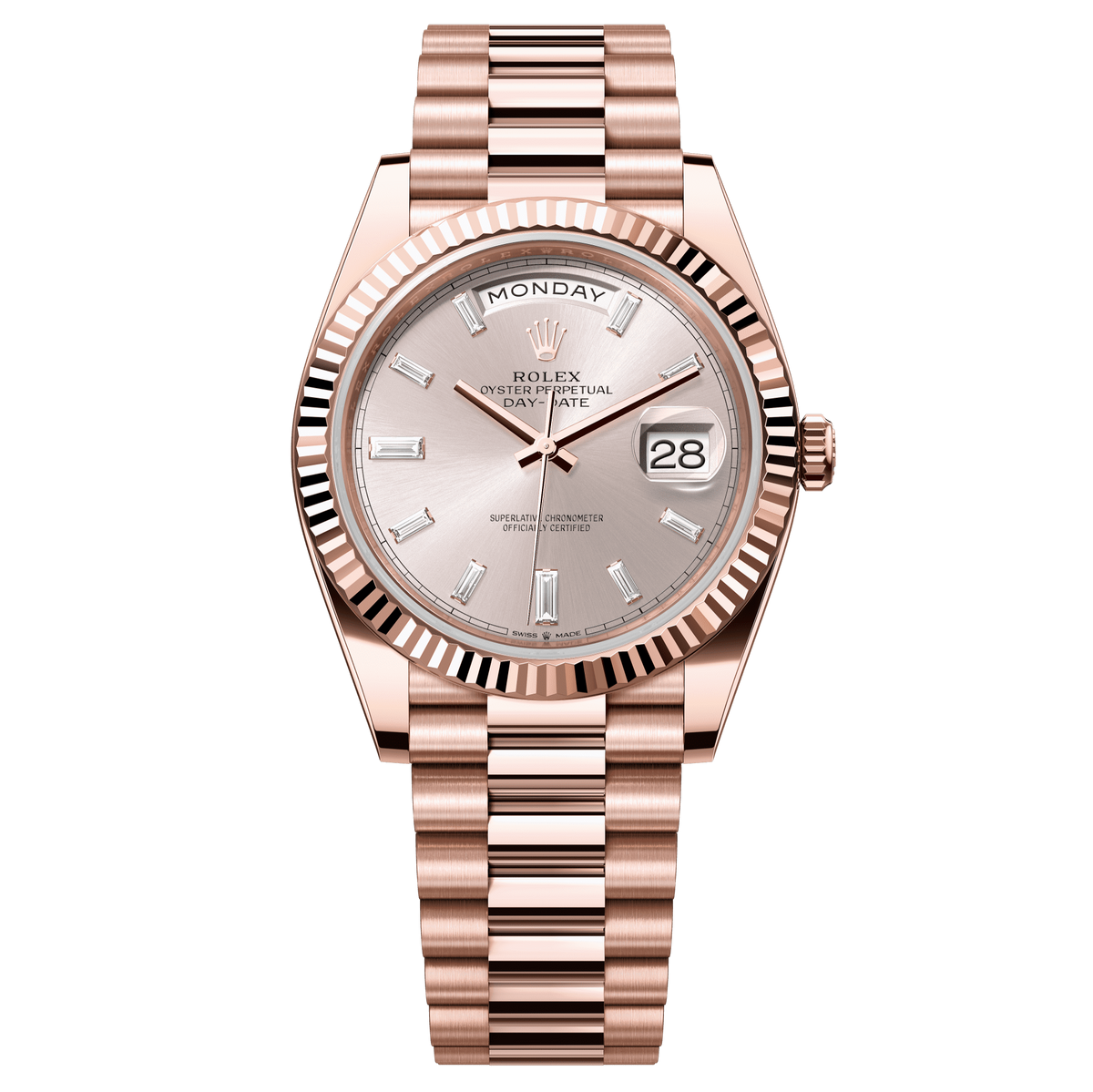 Rolex Oyster 40 mm Sundust Set With Diamonds Dial 18 kt Everose Gold President, Semi-Circular Three-Piece Links 228235-0004 - WATCHXNYC