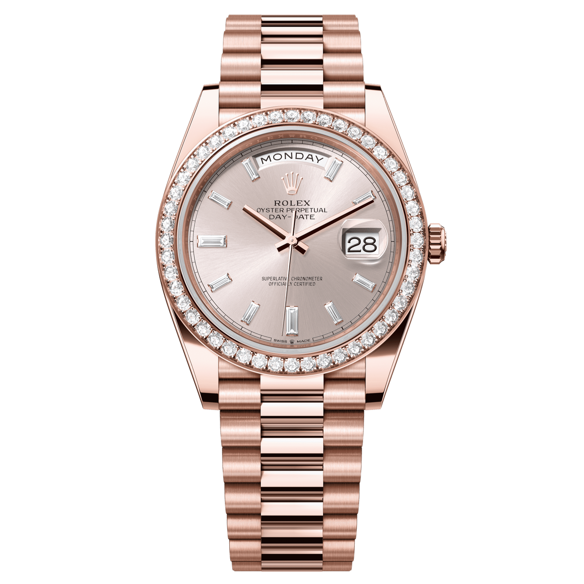 Rolex Oyster 40 mm Sundust Set With Diamonds Dial 18 kt Everose Gold President, Semi-Circular Three-Piece Links 228345rbr-0007 - WATCHXNYC