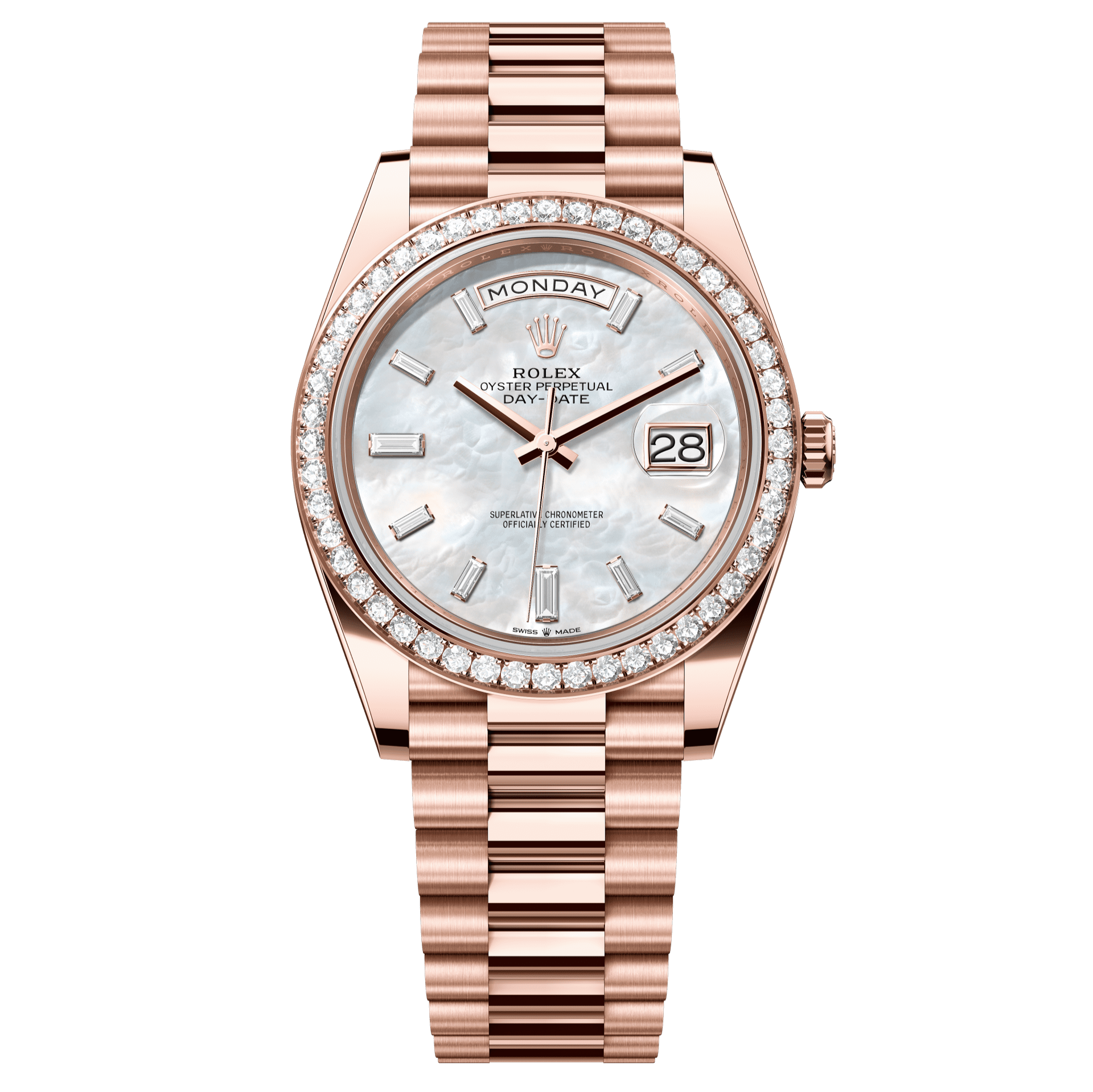 Rolex Oyster 40 mm White Mother-Of-Pearl Set With Diamonds Dial 18 kt Everose Gold President, Semi-Circular Three-Piece Links 228345rbr-0026 - Wrist Boutique