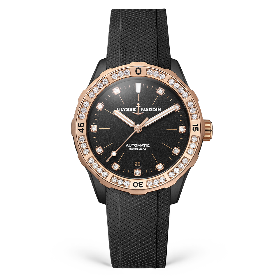 Ulysse Nardin Diver 39 mm Black Dial with Diamonds Steel /18Kt Rose Gold Rubber Strap 8165-182B-3/BLACK - WATCHXNYC