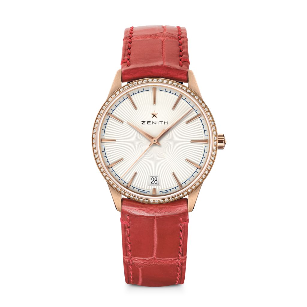 Zenith ELITE CLASSIC 36 mm Silver Dial with Diamonds 18k Rose Gold   Leather Strap 22.3200.670/01.C831 - WATCHXNYC