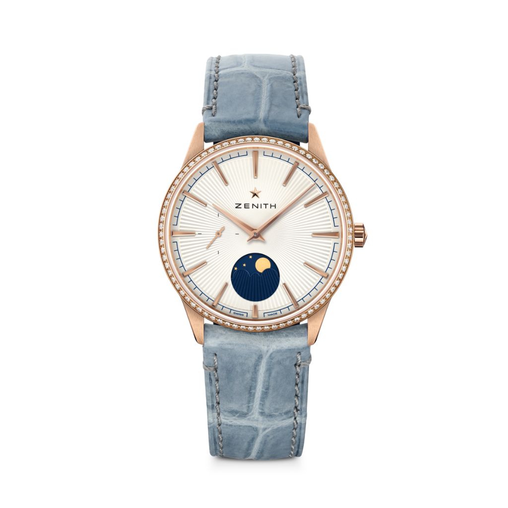 Zenith ELITE MOONPHASE 36 mm Silver Dial with Diamonds 18k Rose Gold   Leather Strap 22.3200.692/01.C832 - WATCHXNYC